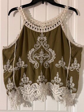 Ultra Pink Olive Green Embroidered Coastal Cowgirl Top Crochet Lace XL